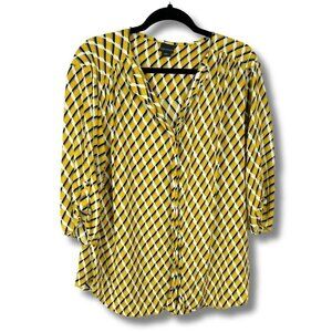 Yellow Covington Geometric Blouse Size 2x Plus 100% Rayon Shirt 3/4 Sleeves 💛